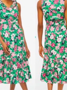 J. Crew Green Floral Sundress with Pink & Navy Accents- size 10 gorgeous cotton
